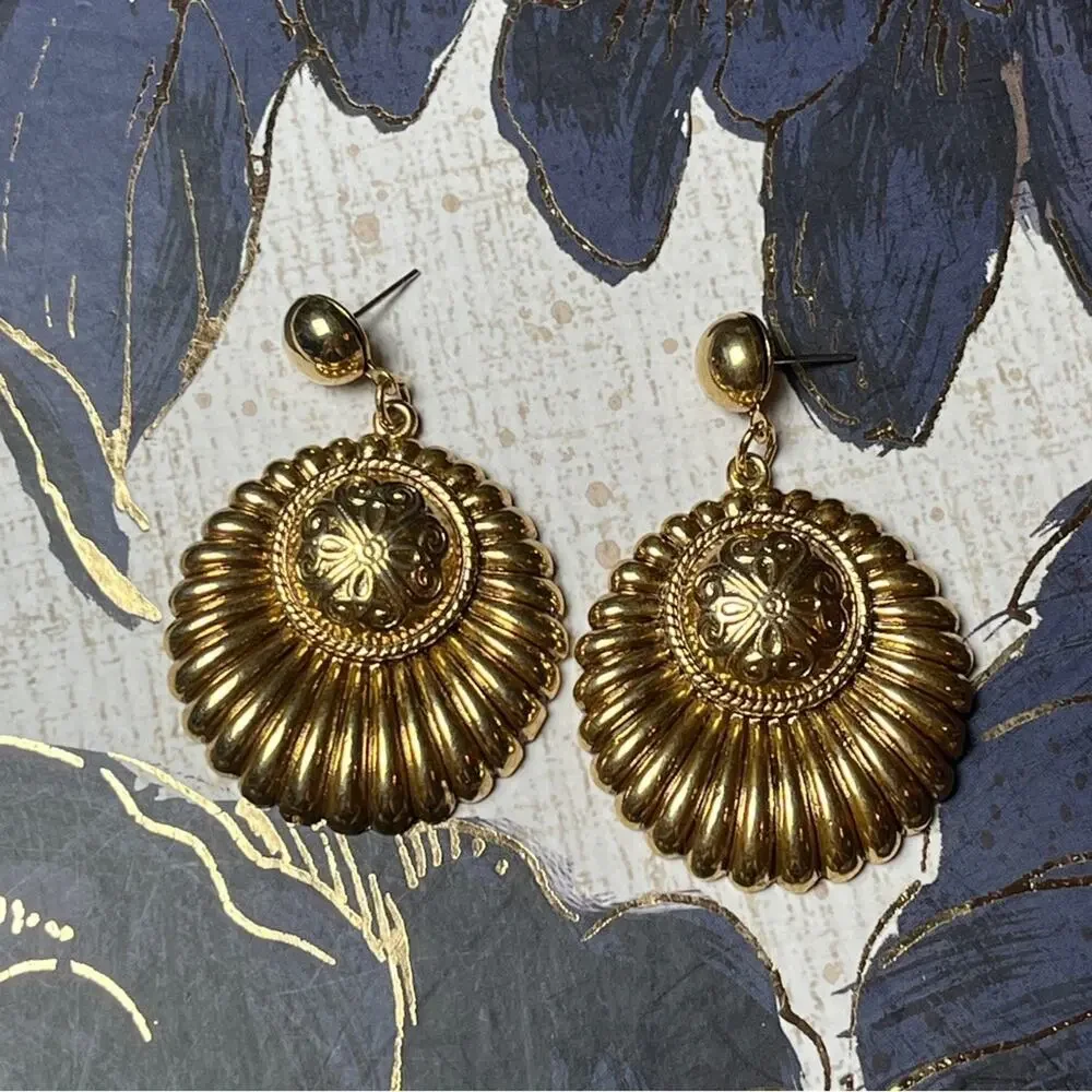 Vintage 1980s Oversized Large Regal Gold Statement Earrings D2